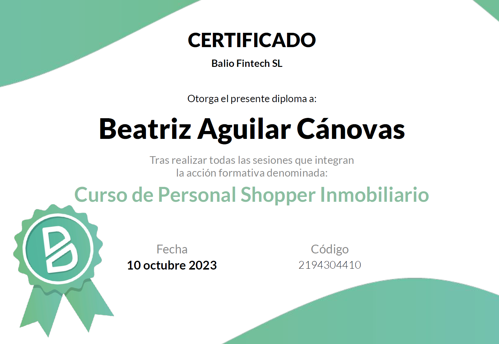 Certificado Personal Shopper Inmobiliario de Balio - Beatriz Aguilar